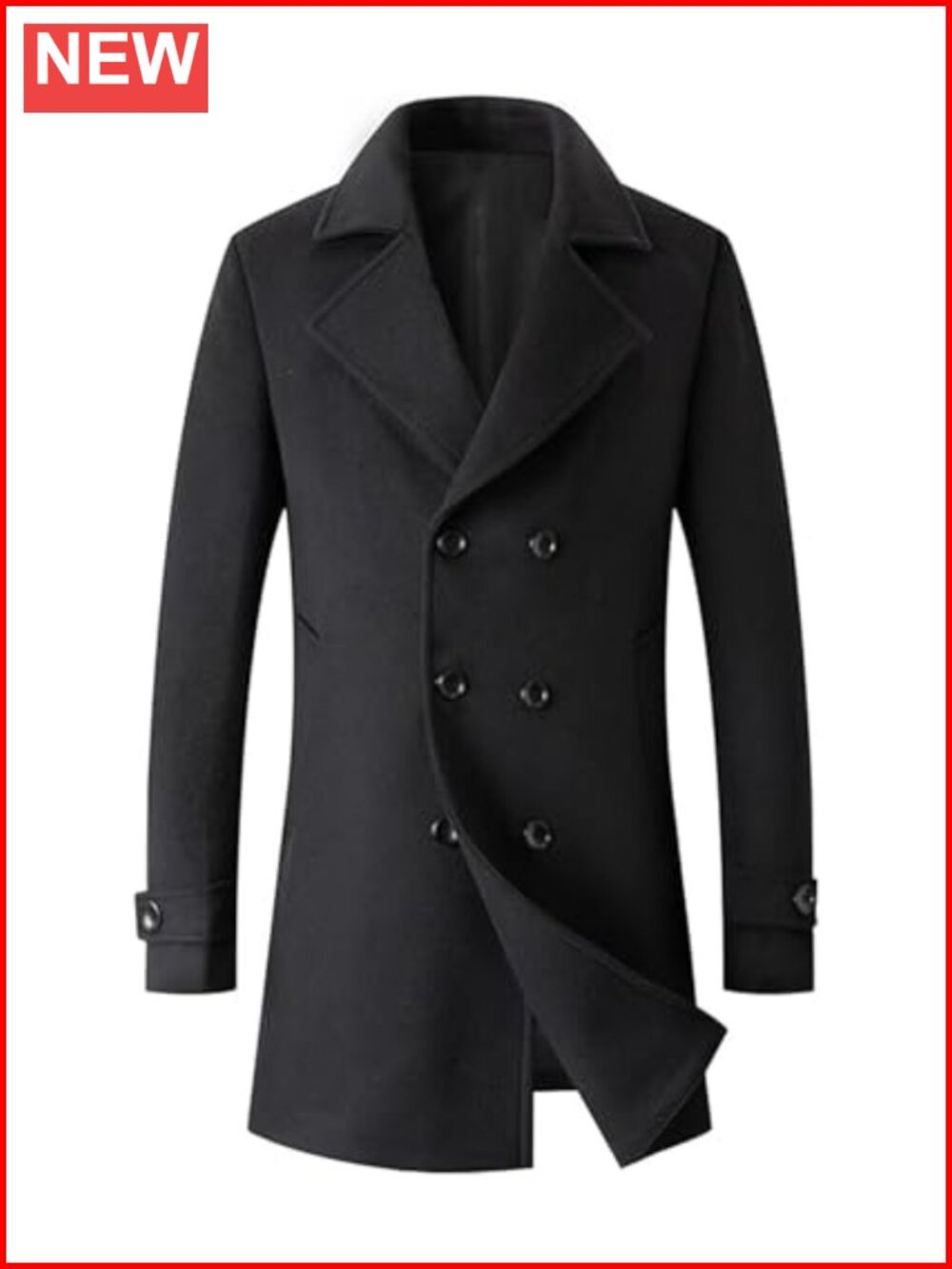 Mens Double Breasted Trench Coat Wool Blend Regular Fit Notched Lapel Business
